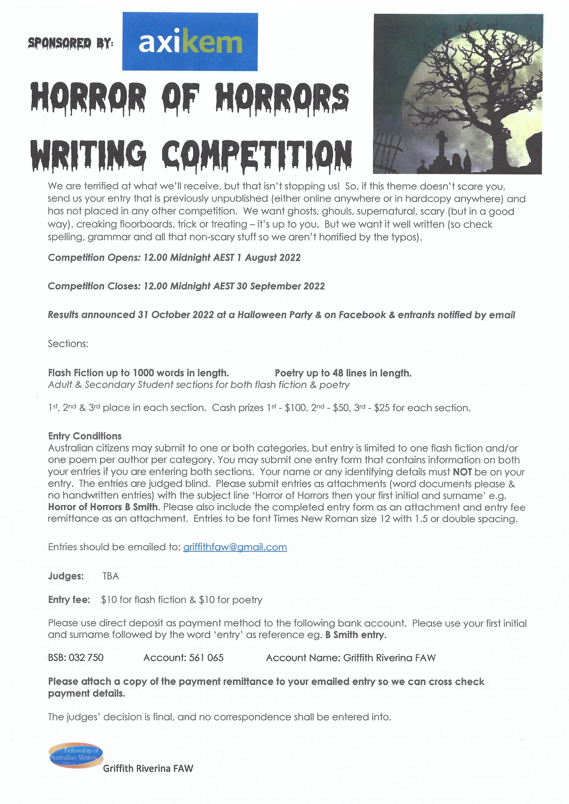 Horror of Horrors Writing Competition Griffith Riverina FAW